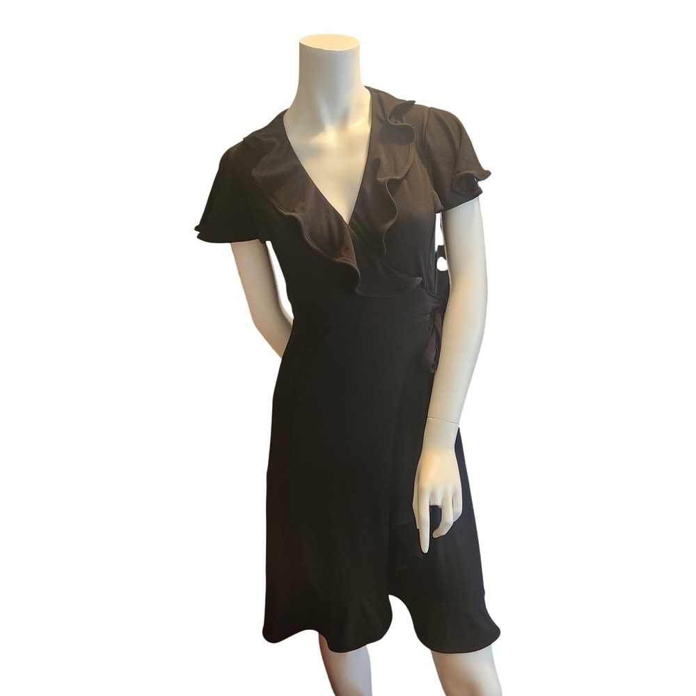 Rickis Black Ruffle Wrap Dress Short Sleeve V-Neck Size S P
